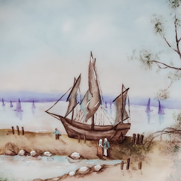 Vintage Holiday China Germany Plate Handpainted signed Ship Coastal Decor - Picture 2 of 6